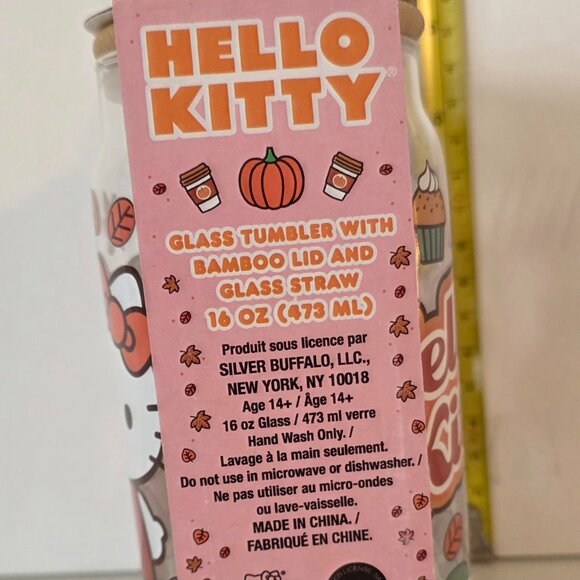 Sanrio Hello Kitty glass tumbler with lid & straw- Fall leaves pumpkin spice-NWT - Picture 4 of 5